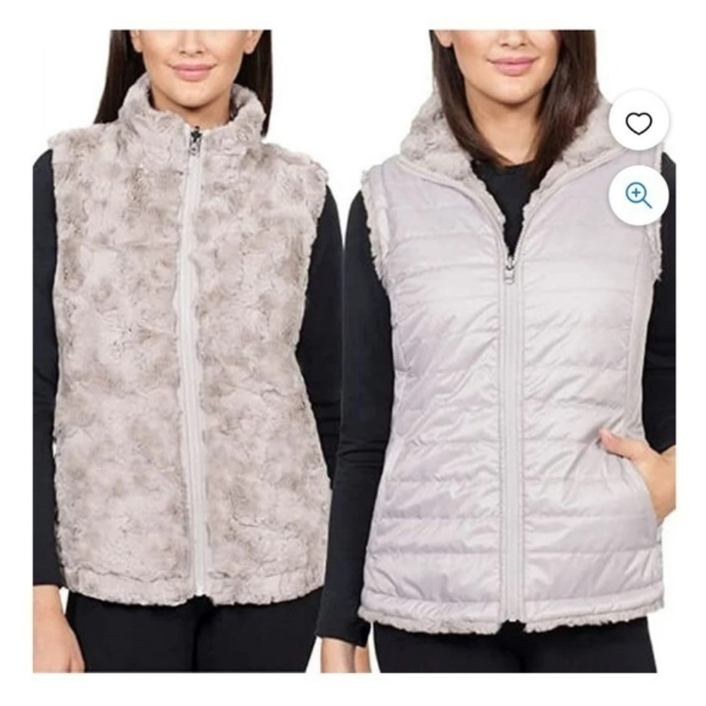 New Nicole Miller Reversible Faux Fur Quilted Puffer Vest Ivory Cream Large